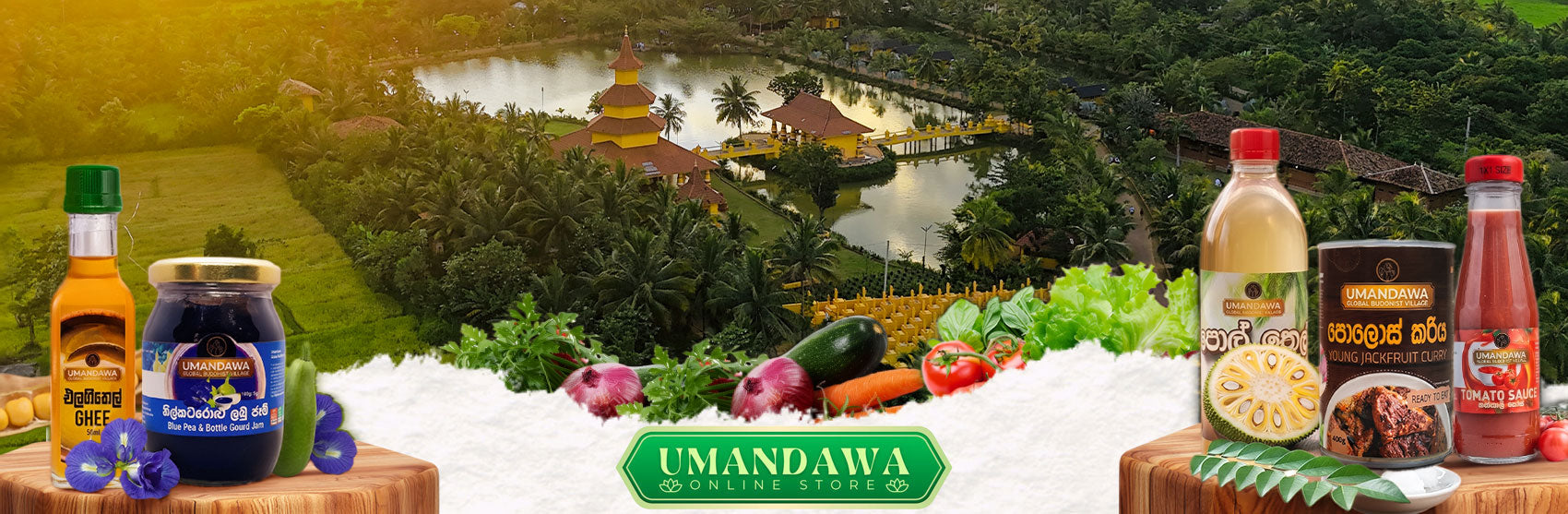 Natural food products including ghee, jam, jackfruit curry, and tomato sauce with fresh vegetables and a scenic garden setting in the background.