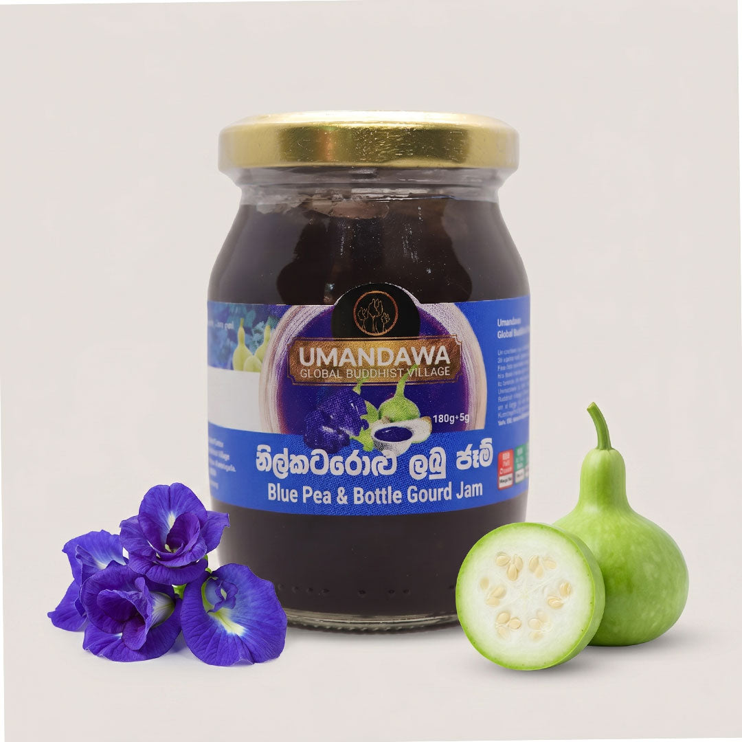 Blue Pea & Bottle Gourd Jam jar with fresh blue pea flowers and sliced bottle gourd