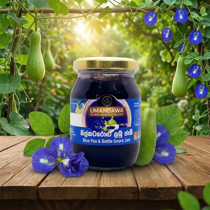 Blue Pea & Bottle Gourd Jam jar on wooden table with fresh blue pea flowers and bottle gourds