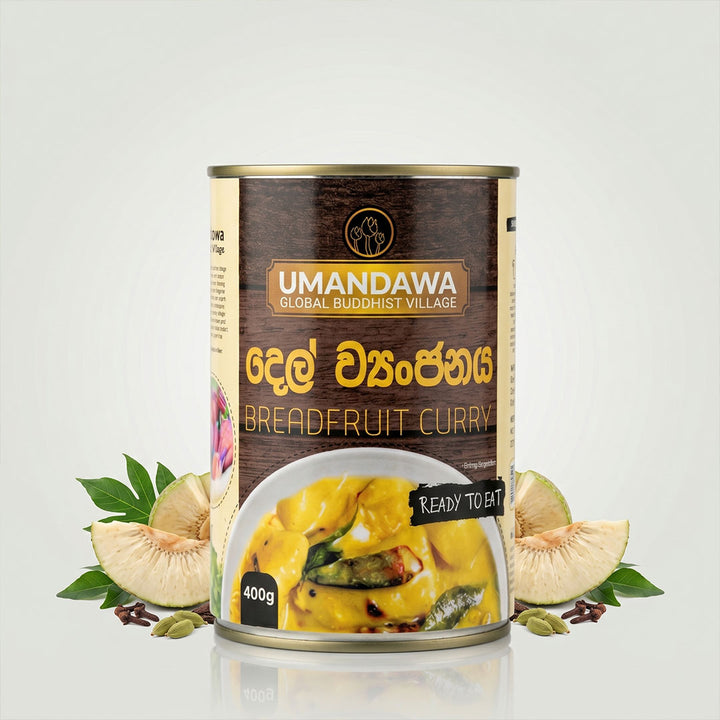Canned breadfruit curry with spices and breadfruit slices, 400g, ready to eat.