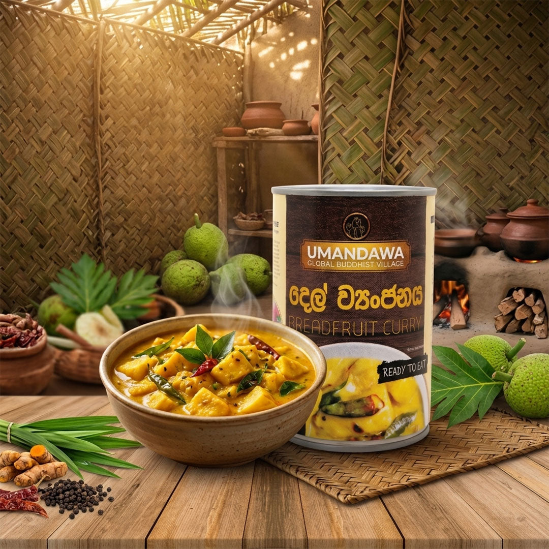Canned breadfruit curry with spices and fresh breadfruit in a rustic kitchen setting