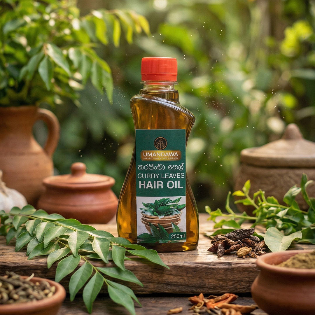 Curry leaves hair oil bottle on wooden table with fresh curry leaves and clay pots in nature setting