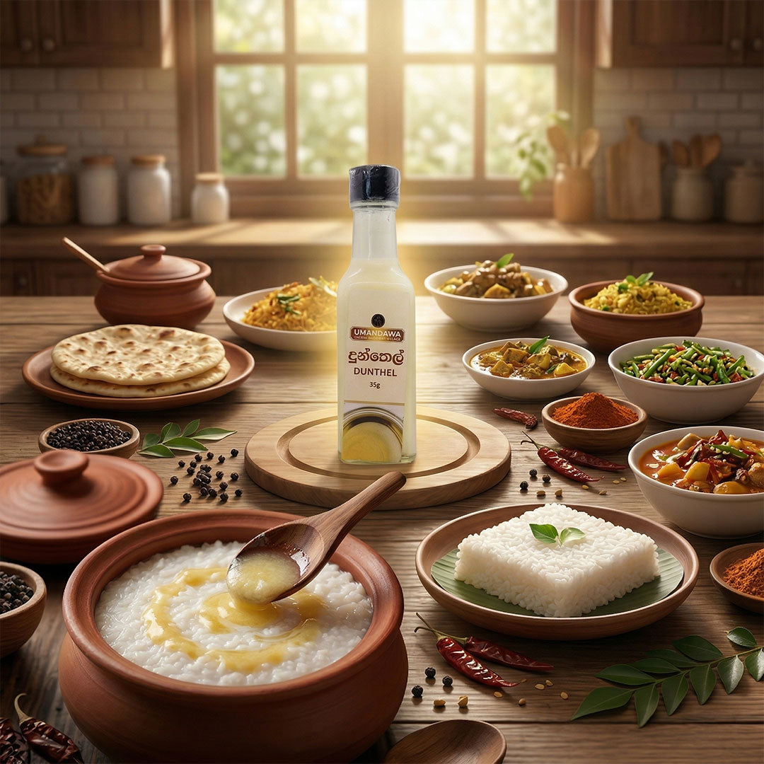 Bottle of pure Dunthel oil with Sri Lankan rice, curries, and spices on a rustic table
