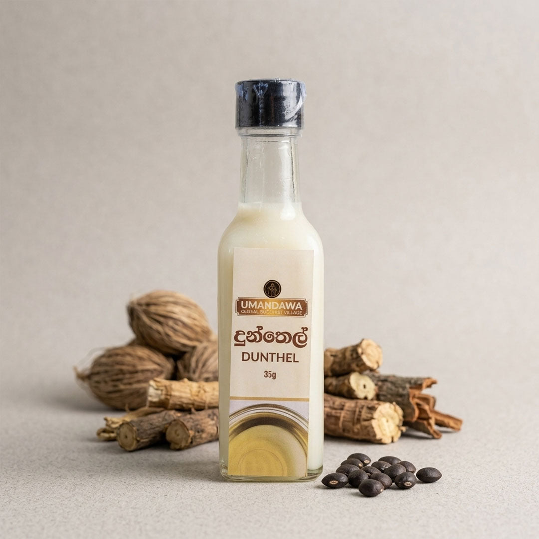 Dunthel herbal extract bottle with roots, seeds, and natural ingredients on neutral background