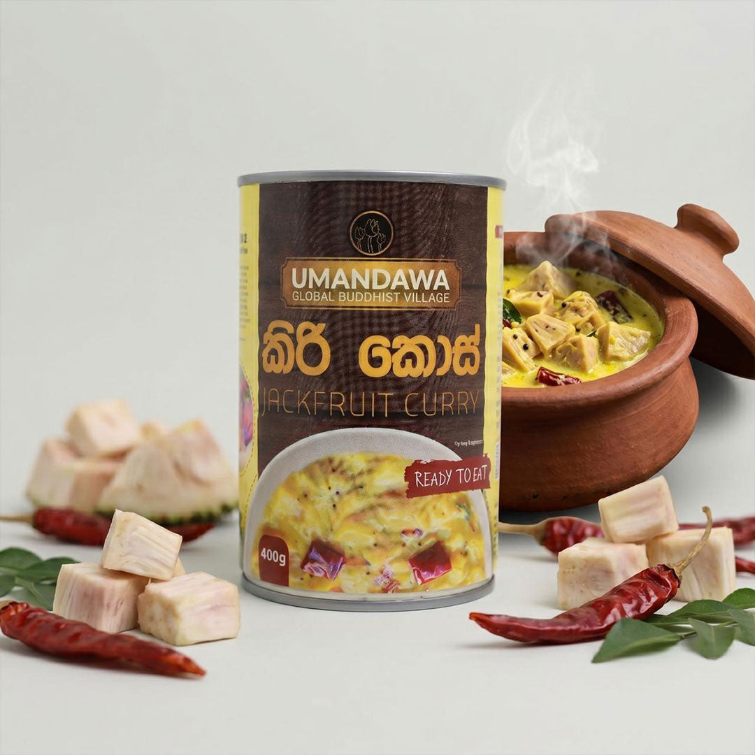 Canned jackfruit curry with visible jackfruit chunks, clay pot, red chili peppers, and curry leaves