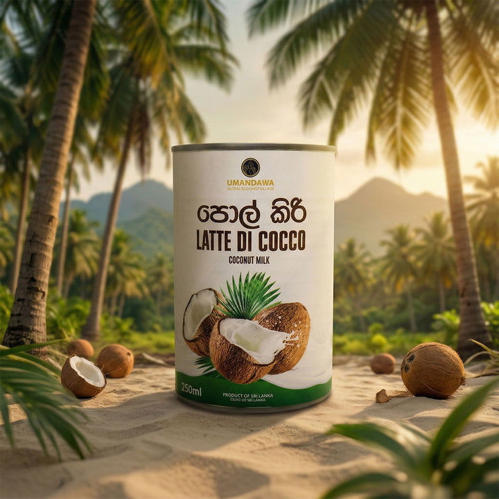 Coconut milk can on sandy ground with coconuts and palm trees, tropical sunrise background