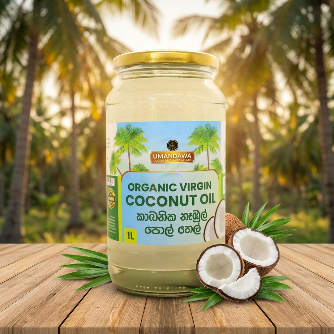 Glass jar of organic virgin coconut oil on wooden table with coconut halves and palm trees background