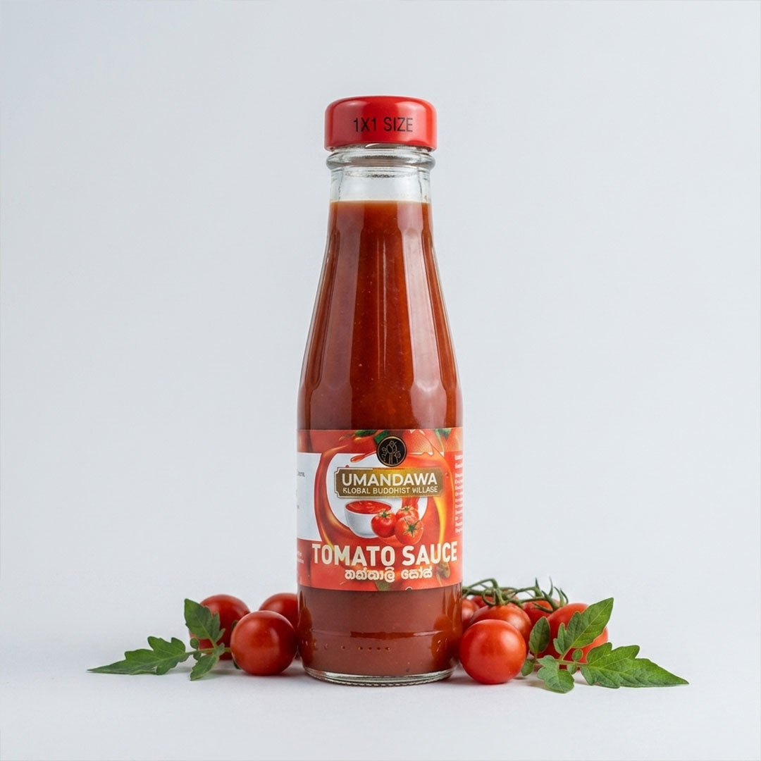 Glass bottle of tomato sauce with red cap, surrounded by fresh tomatoes and green leaves