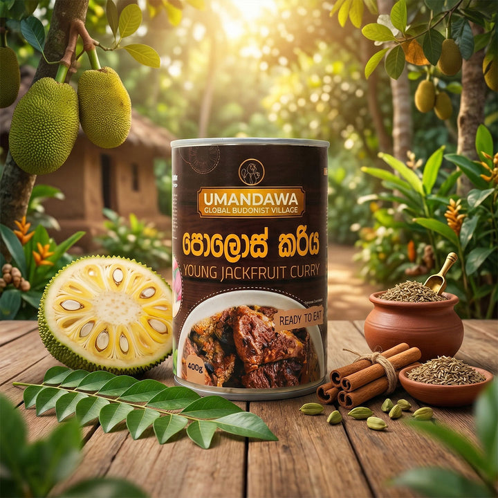 Canned young jackfruit curry with spices, fresh jackfruit, and curry leaves outdoors